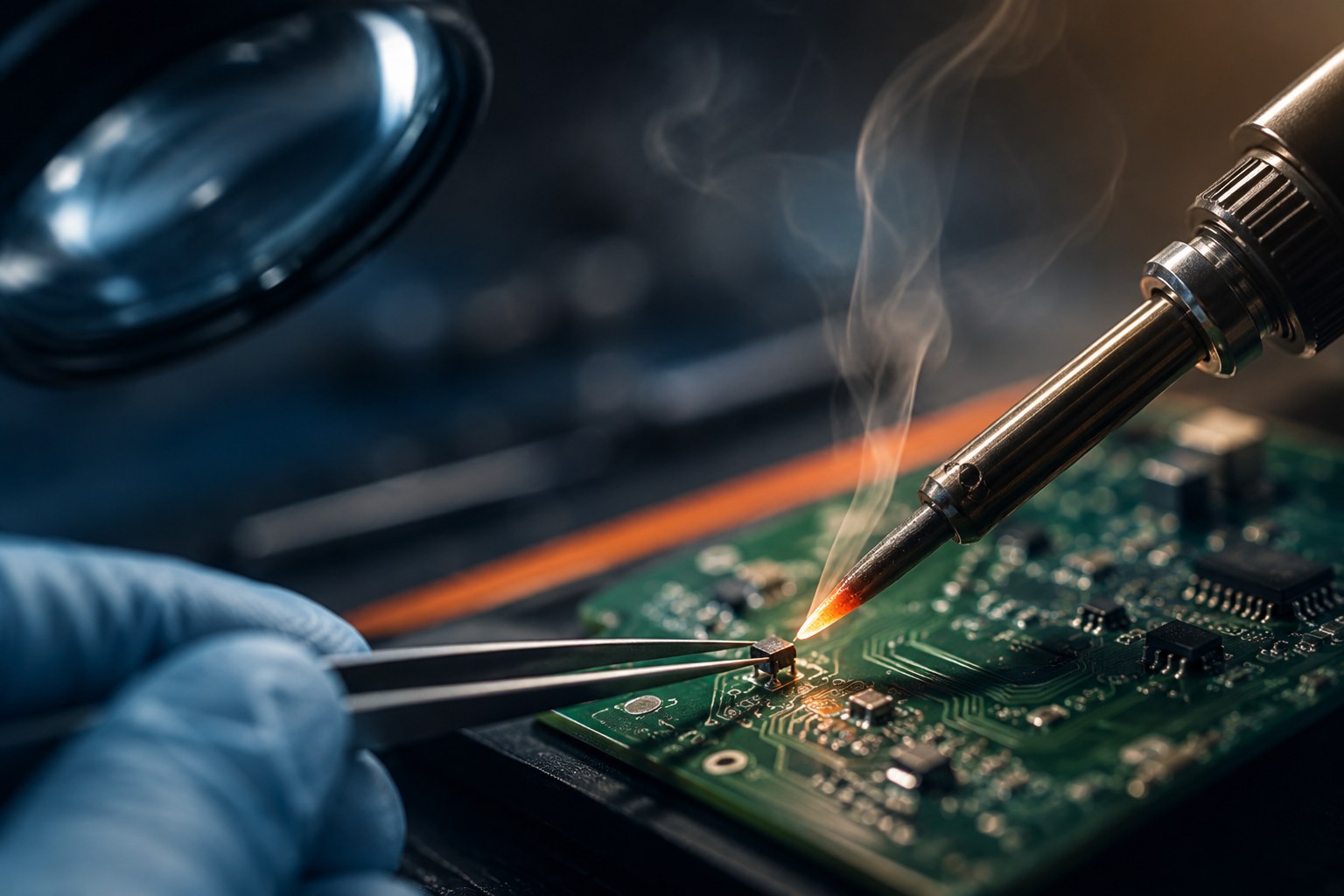 PST Elektronik-Reparatur — Präzisions-Lötarbeit auf einer Leiterplatte